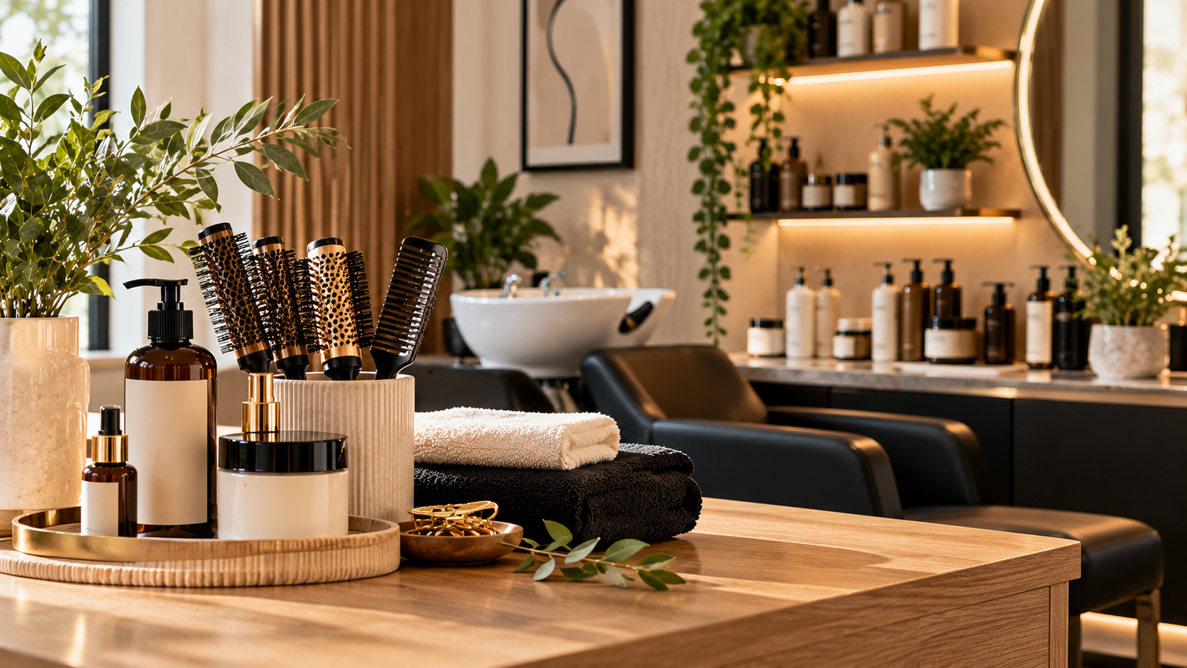 Produits capillaires et accessoires dans un espace de coiffure contemporain.