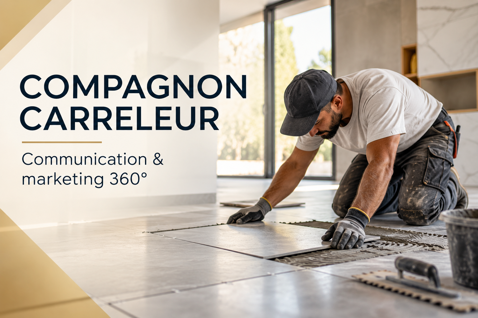 Un carreleur pose des carreaux grand format dans un intérieur contemporain, illustrant le secteur d’activité de Compagnon Carreleur.
